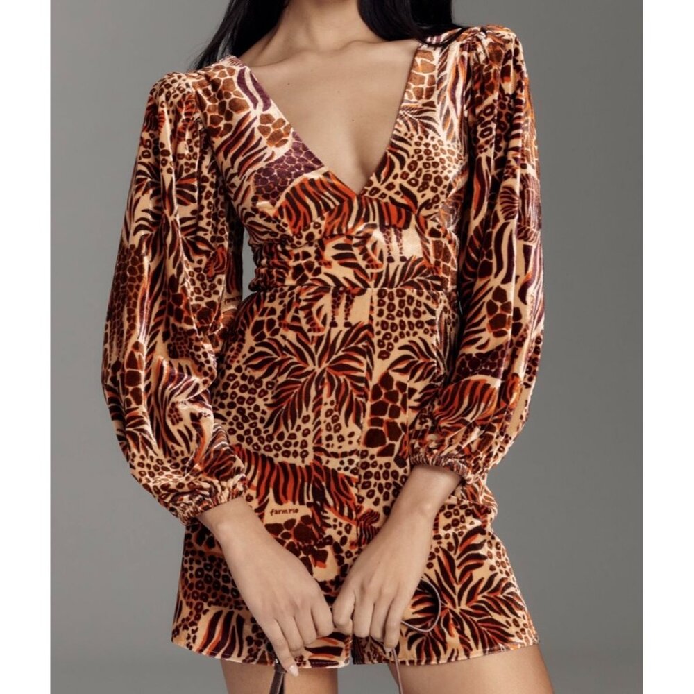 Farm Rio x Anthropologie Long-Sleeve Velvet Printed Romper Size M Safari Sand